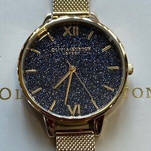 Olivia Burton NavyBlue Glitter Dial Watch With 34mm Sparkley Face & MeshBracelet